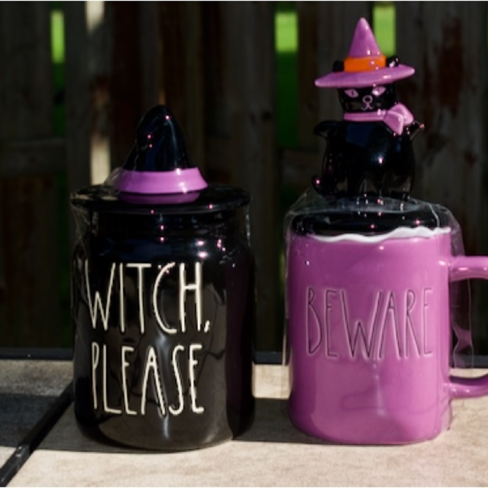 Rae Dunn Witch’Please & Rae Dunn Beware Mug w/Cat Witch Topper(HTF) Set of 2